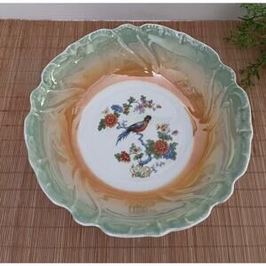 Bavaria Retsch Lusterware Serving Dish Foral Bird Tree Cabbage Edge Green Orange